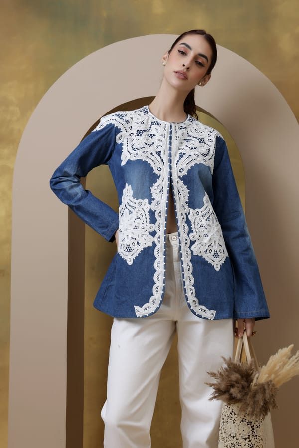 Medium Denim Jacket with White Lace Appliqué — Rhe-Ana
