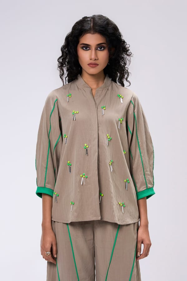 Taupe Mandarin Collar Shirt with Green Piping and Embellishment — KOR