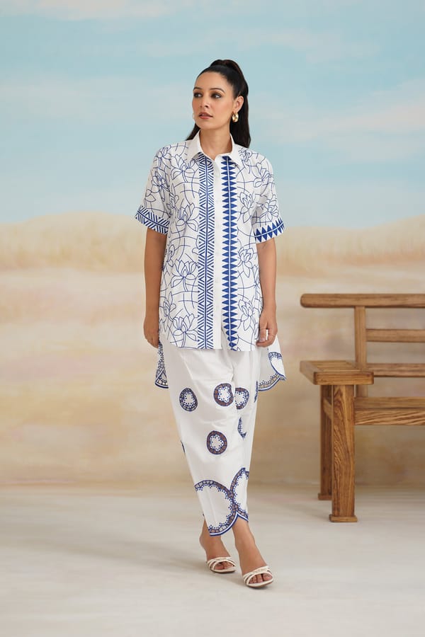 White and Blue Printed Shirt and Pants Co-ord Set — NEETIKA CHOPRA