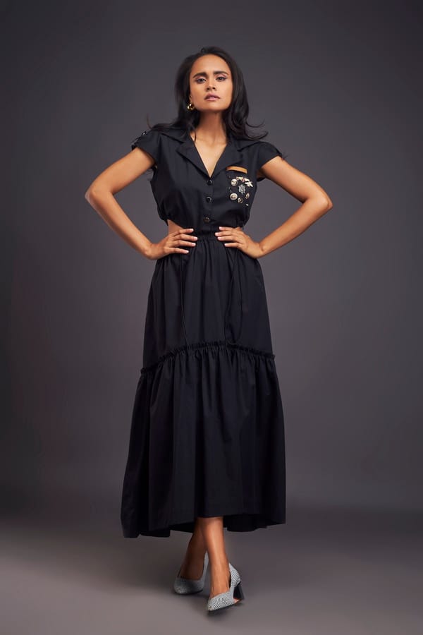 Black Lapel Collar Midi Dress with Side Cutouts — Deepika Arora