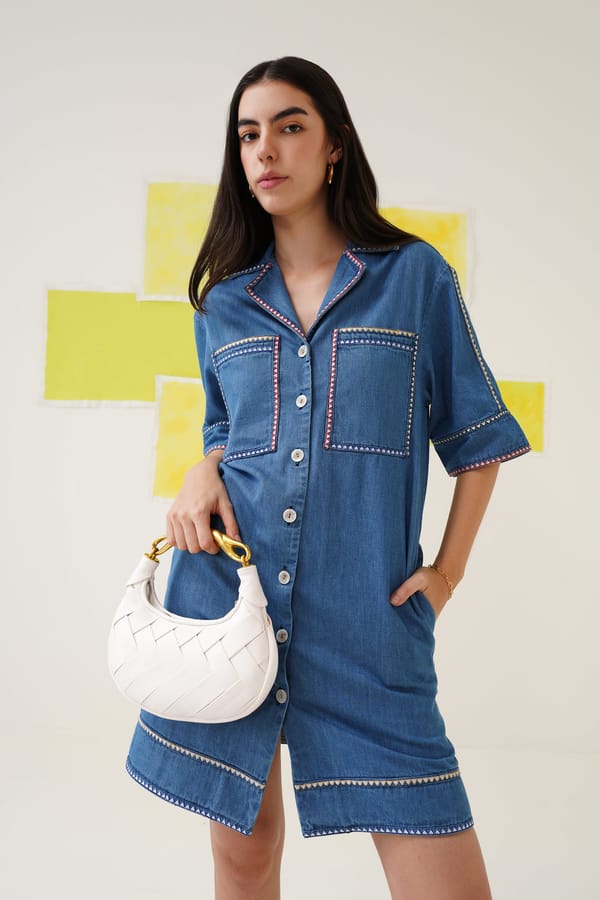 Blue Mini Shirt Dress with Embroidered Trim — STITCH STORIES