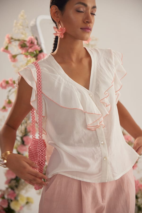 Off White V-Neck Scalloped Frill Top — Western Era