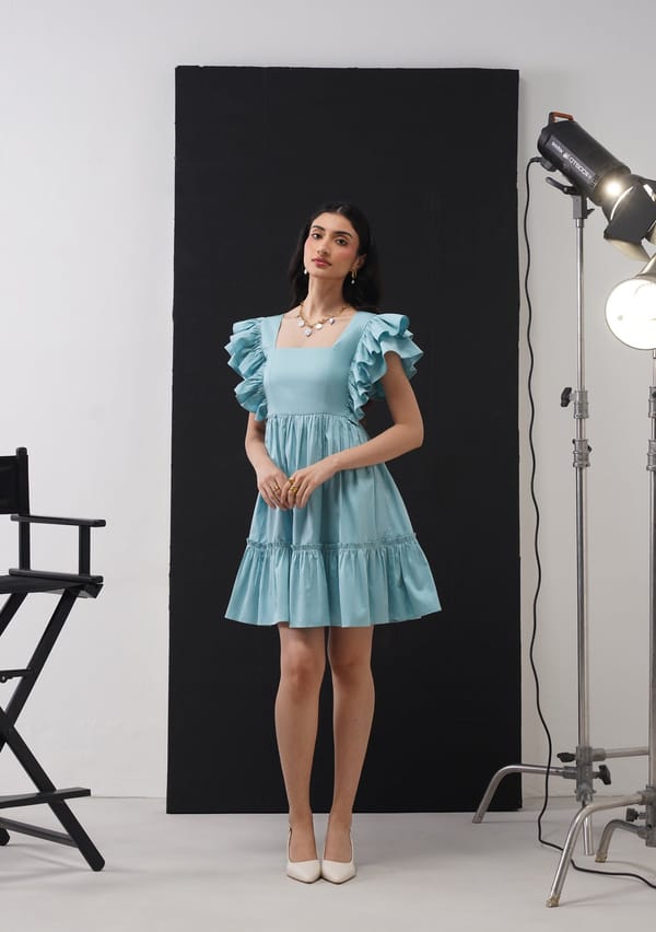 Soft Cyan Square Neck Tiered Mini Dress with Ruffle Sleeves — AMOSHI