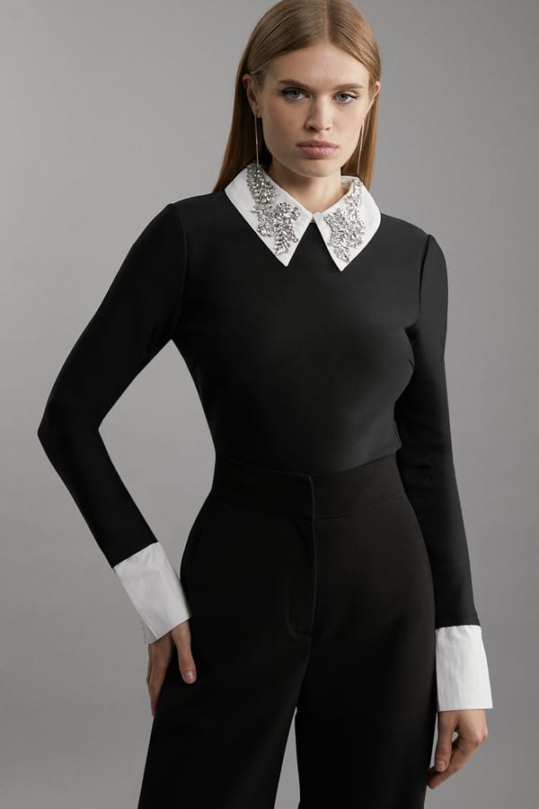 Black Fitted Top with Embellished Contrast Collar — KAREN MILLEN