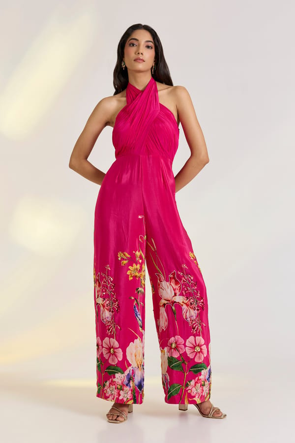 Pink Floral Halter-Neck Wide-Leg Jumpsuit — EWOKE STUDIO
