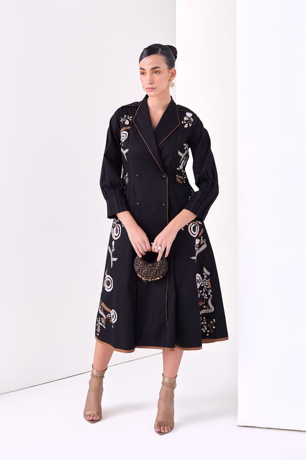 Black Cotton Satin Wrap-Trench Midi Dress with Embroidery — Our Love