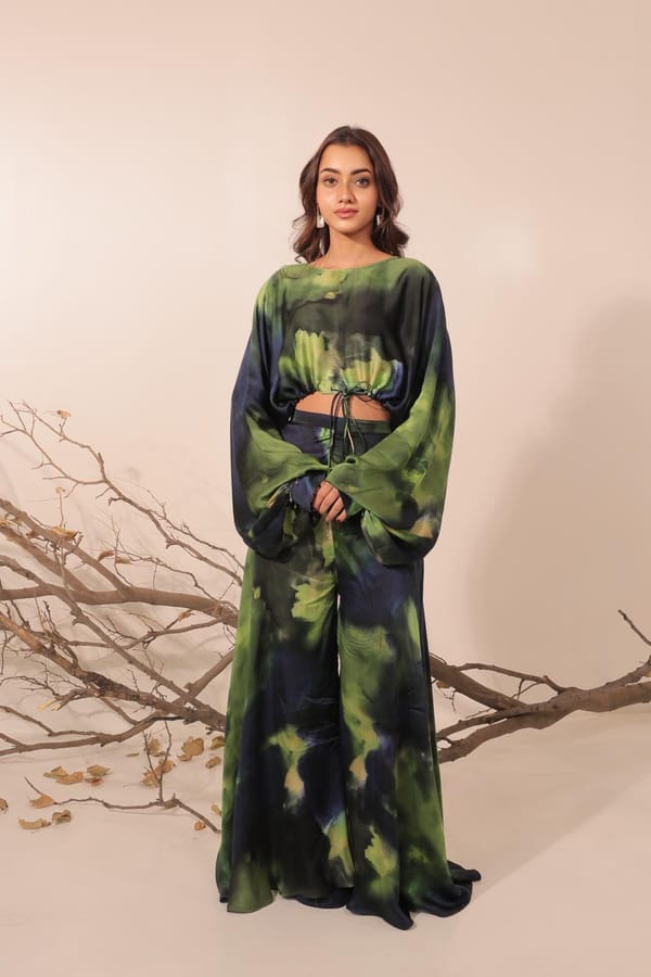 Jheel - Slouch Crop Top with Flared Pants — Surkh Syahi