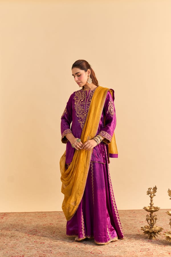 Deep Purple Velvet Silk Kurta Sharara Set with Dupatta — Sheetal Batra
