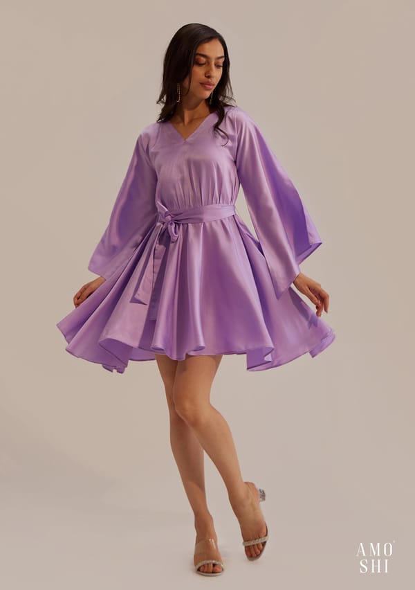 Lilac Satin Fit and Flare Mini Dress with Belt — AMOSHI
