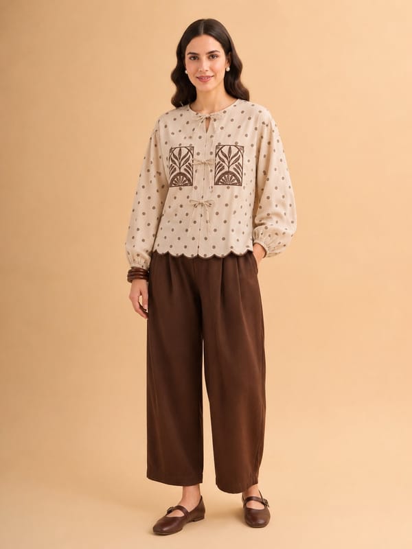 Beige Polka Dot Tie-Up Blouse with Balloon Sleeves — ANISETTE