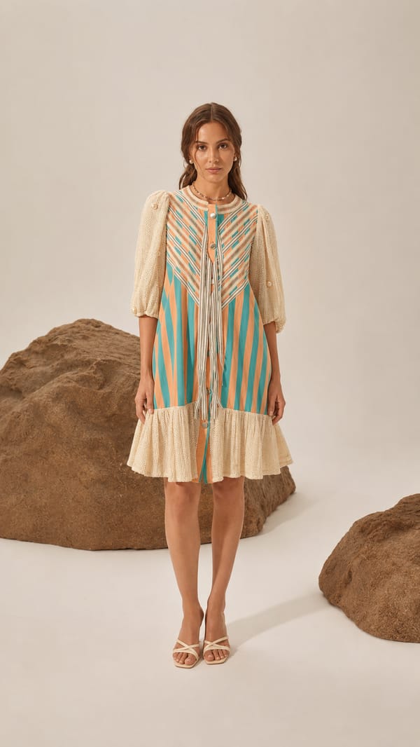 Coral Striped A-Line Mini Dress with Button Front — Pink Lion India