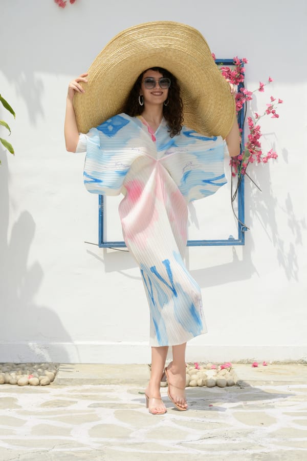 Colour Splash Pleated Kimono Sleeve Midi Dress — TASUVURE