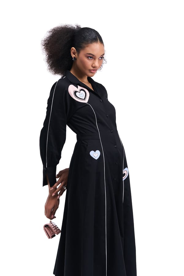 Black Cotton Satin Fit and Flare Midi Shirt Dress — Our Love