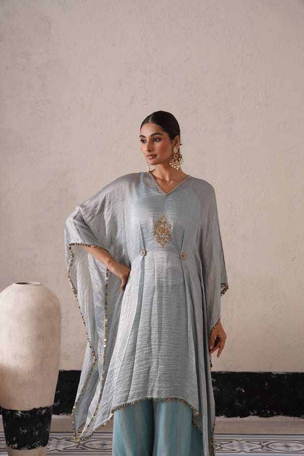 Powder Blue Tissue Organza Kaftan Kurta Set — SHREYASH JAIN