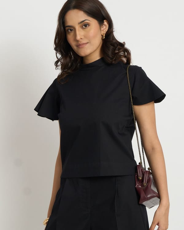 Black Mock Neck Flutter Sleeve Cotton Top — Loma Naturally