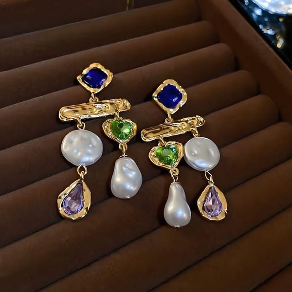 Multi Gemstone Heart & Pearl Earrings, Juno — Inaya Accessories