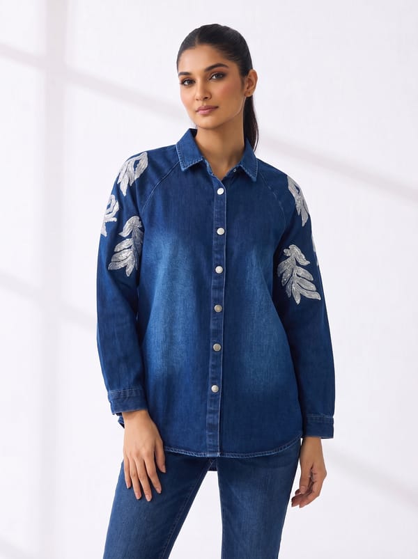 Blue Denim Button-Down Shirt with Silver Sleeve Appliqué — THE LUXURY DRESSING
