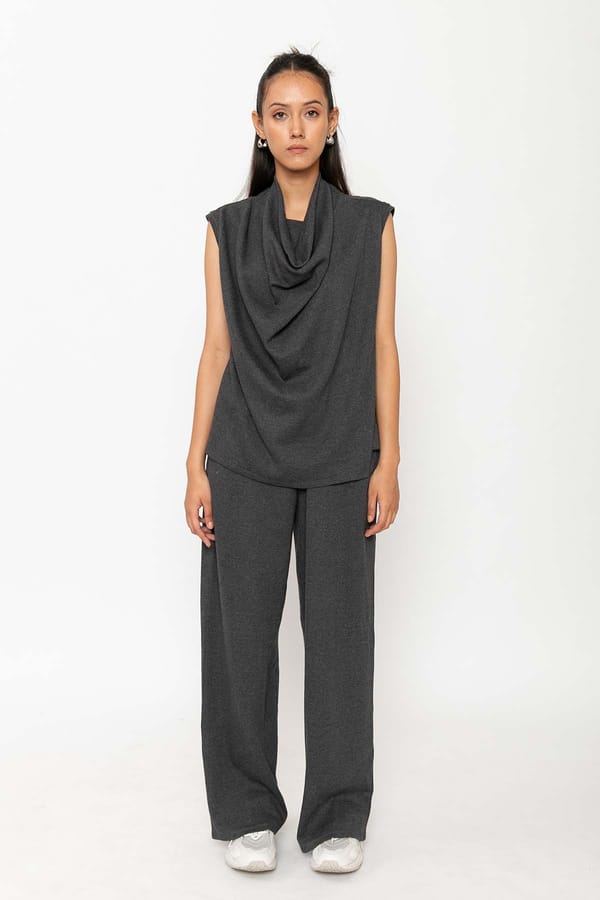 Grey Cotton Rib Cowl Neck Sleeveless Top — Contemponari