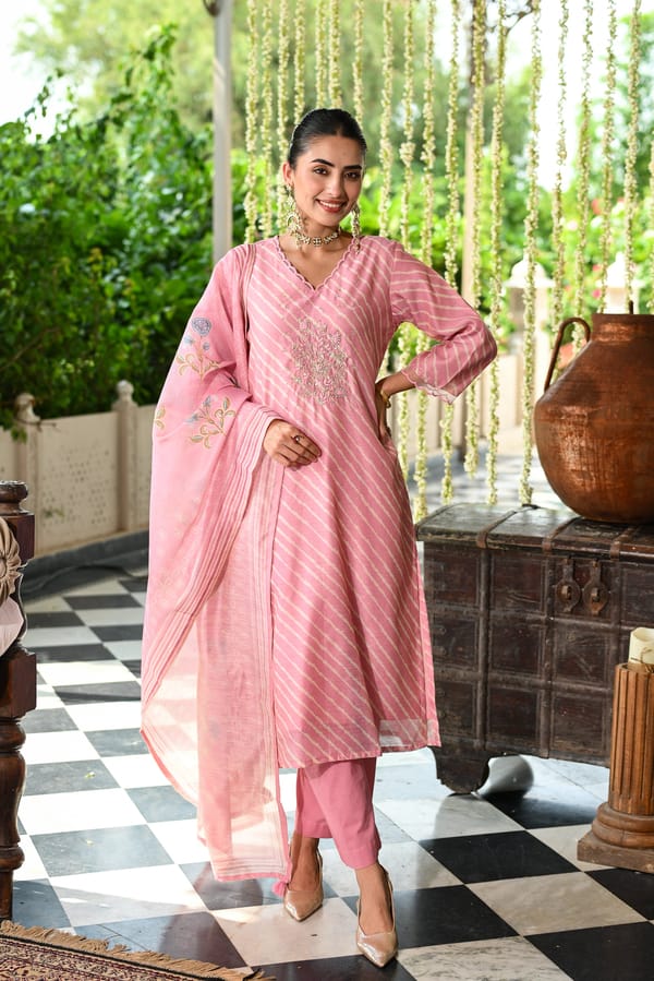 Pink Lehariya Gota Work Block Print Set — MAHEE JAIPUR