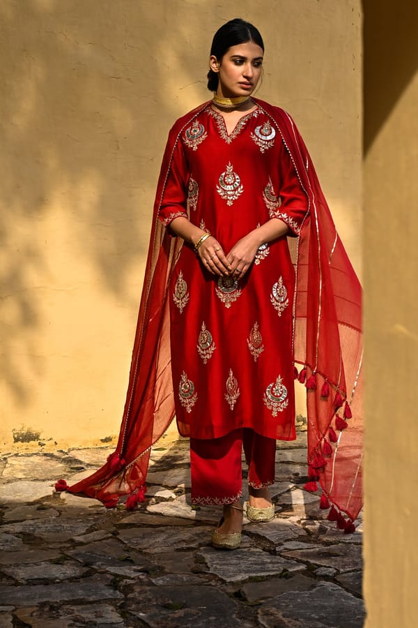 Shine in Bright Gota Work Chanderi Straight Suit set — Kameez