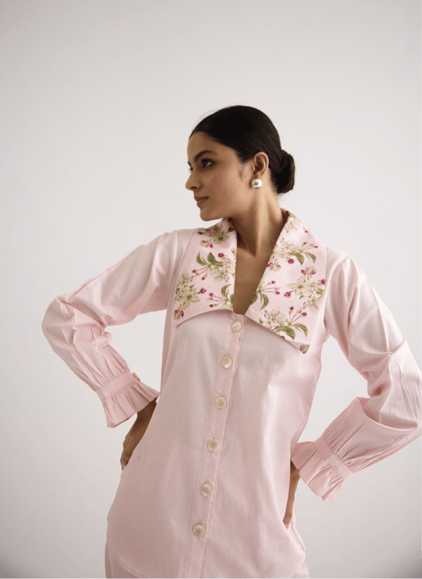 Pink Cotton Satin Shirt with Floral Statement Collar — THE FINICKY COLORIST
