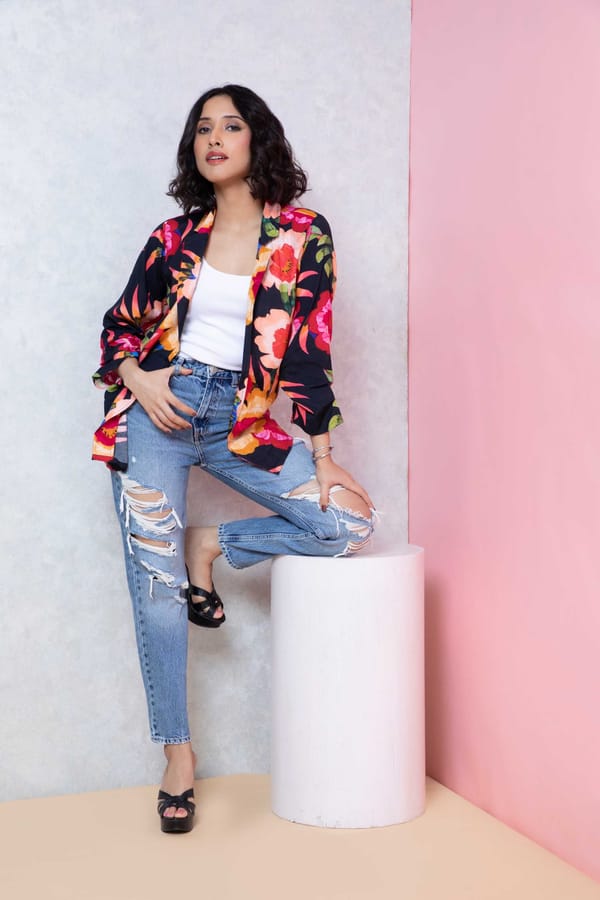Black Floral Printed Open-Front Blazer-Shirt — Rhe-Ana