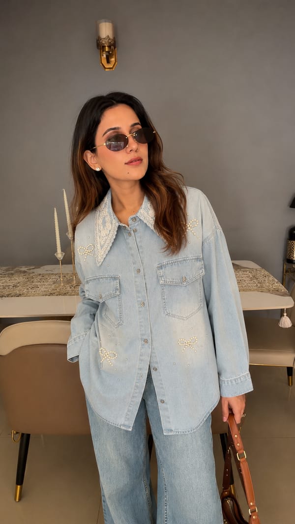 Lace Collar Pearl Detail Denim Shirt — CLOSET AFFAIR