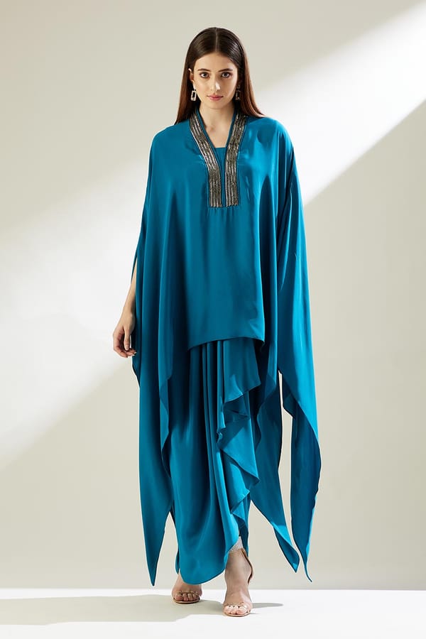 Ocean Blue Asymmetric Tunic and Drape Skirt Co-ord Set — Aakaar