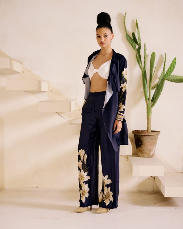 Blue High-Waist Wide-Leg Satin Trousers with Floral Print — Missy Co.