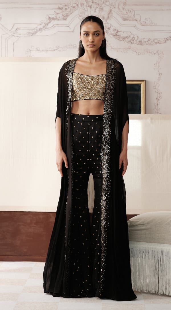 Black Sequin Blouse, Sharara and Sheer Cape Co-ord Set — Basanti Kapde aur Koffee