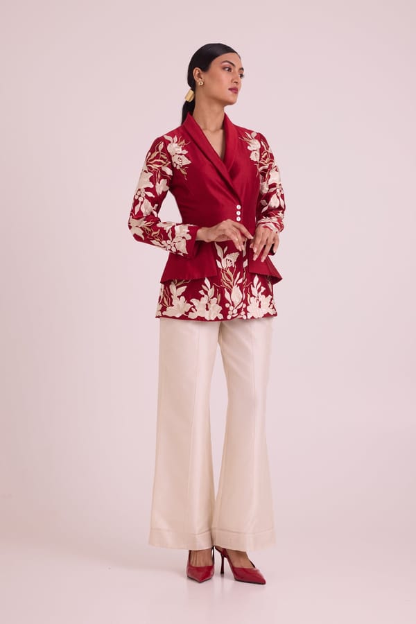 Red Embroidered Blazer and Ivory Pants Co-ord Set — Madder Much