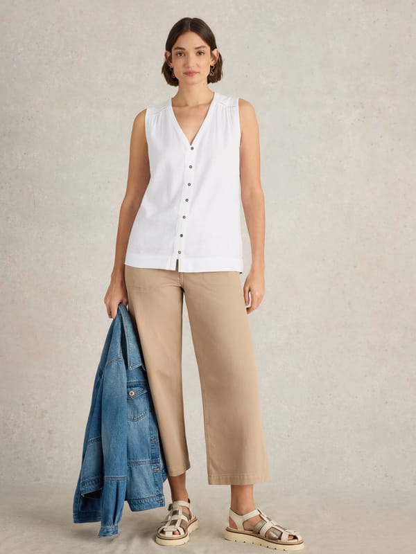 Brilliant White Sleeveless V-Neck Button-Front Top — White Stuff
