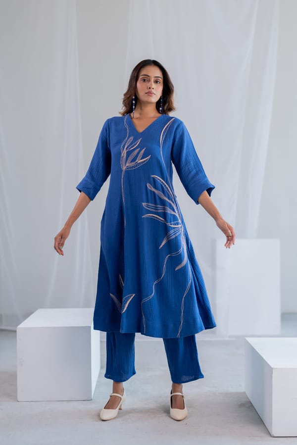 Cobalt Ecru Foliage Kurta Co-Ord — Silai studio