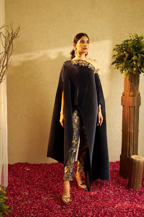 Navy One-Shoulder Pleated Cape and Brocade Pants Co-ord Set — TASUVURE