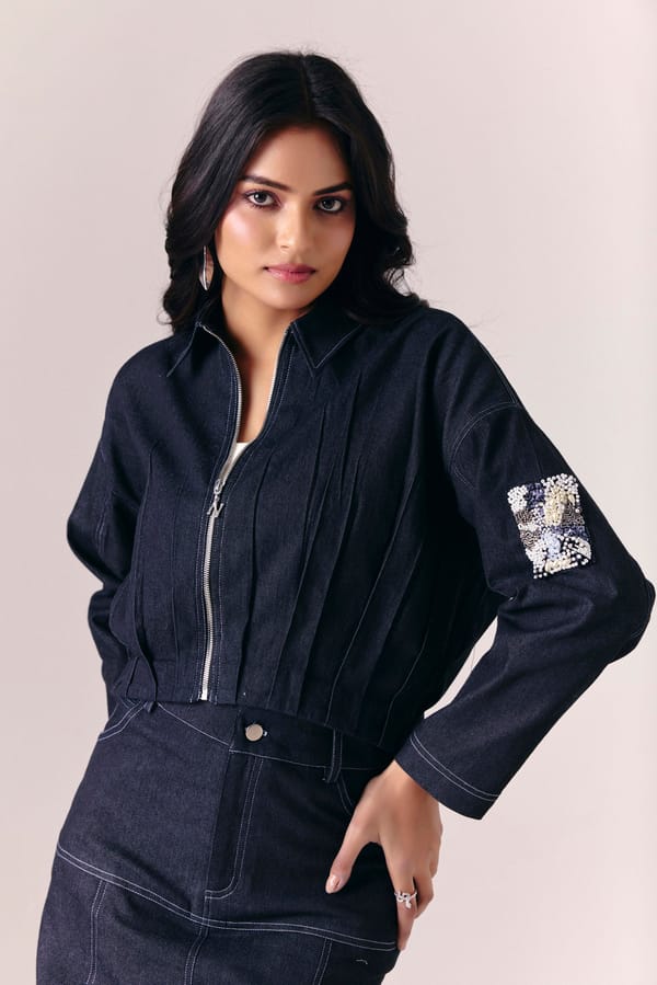 Black Cropped Denim Jacket with Embellished Sleeve Patch — Savaaya