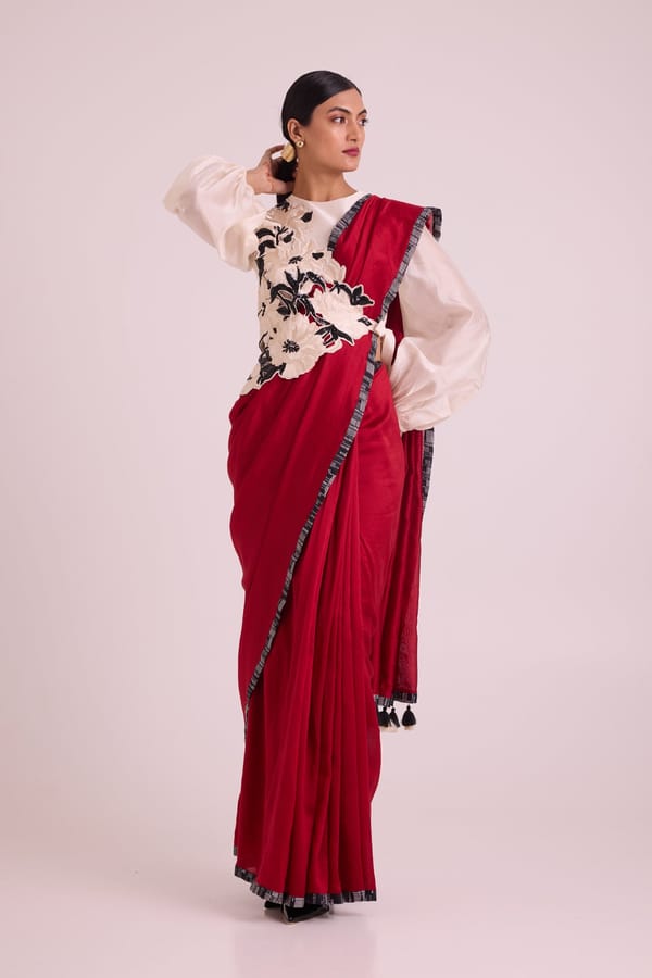 White and Red Pre-Draped Saree Set with Statement Bib — Madder Much