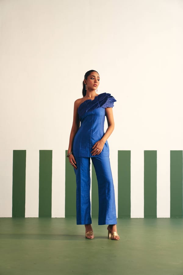 Cobalt Blue One-Shoulder Pant Suit Set with 3D Leaf Detail — Reeti Arneja