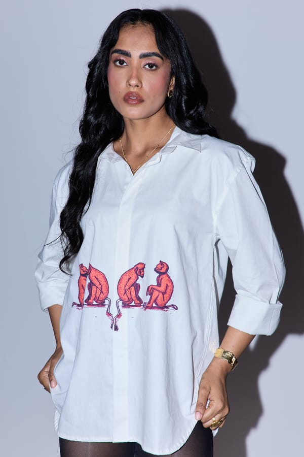 White Oversized Cotton Twill Shirt with Monkey Print — October Jaipur