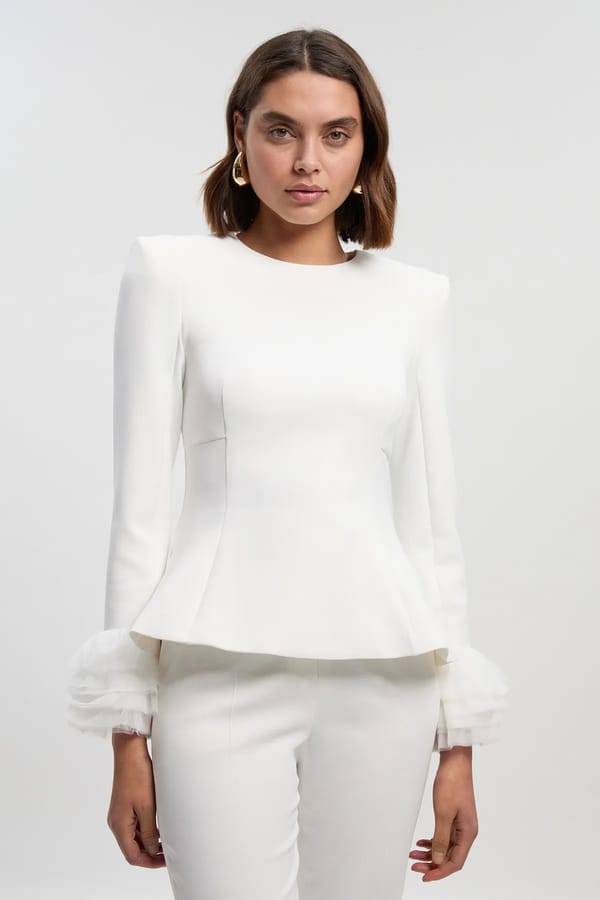 Ivory Tailored Peplum Top with Ruffle Cuffs and Open Back — KAREN MILLEN