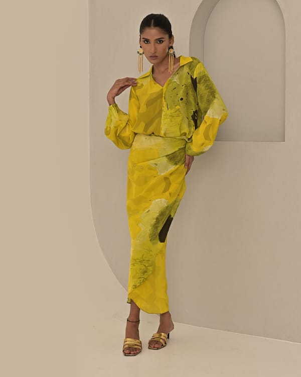 Yellow Abstract Printed Wrap Midi Dress with Collar — Missy Co.