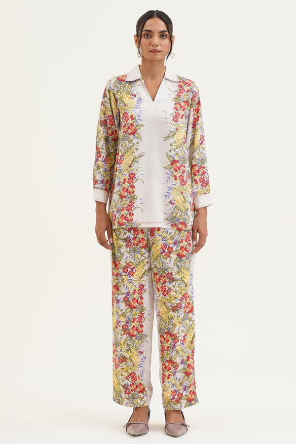 Ivory Botanical Print Relaxed-Fit Collared Shirt — STITCH STORIES