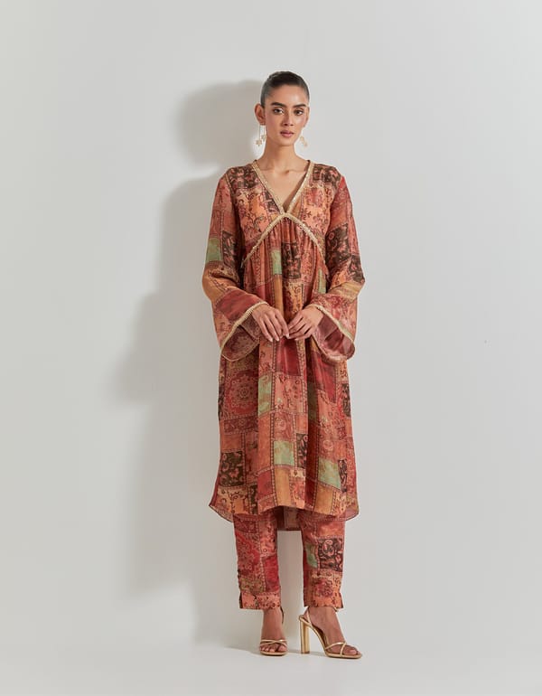 Multicolor Printed A-Line Kurta Set with V-Neck Trim — Kavita Bhartia