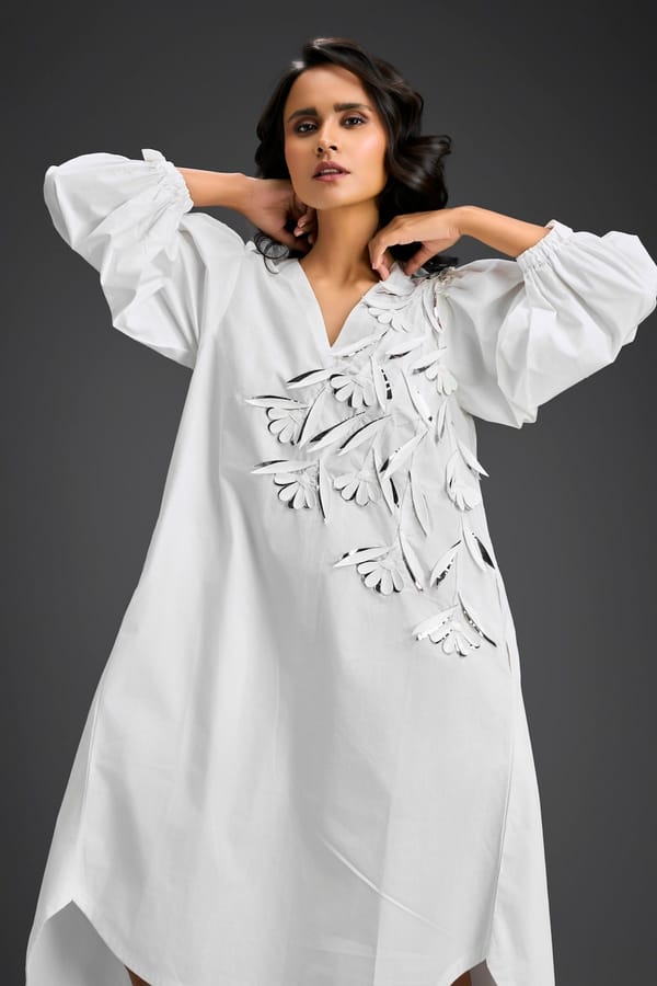 White Embellished Puff Sleeve High-Low Dress — Deepika Arora