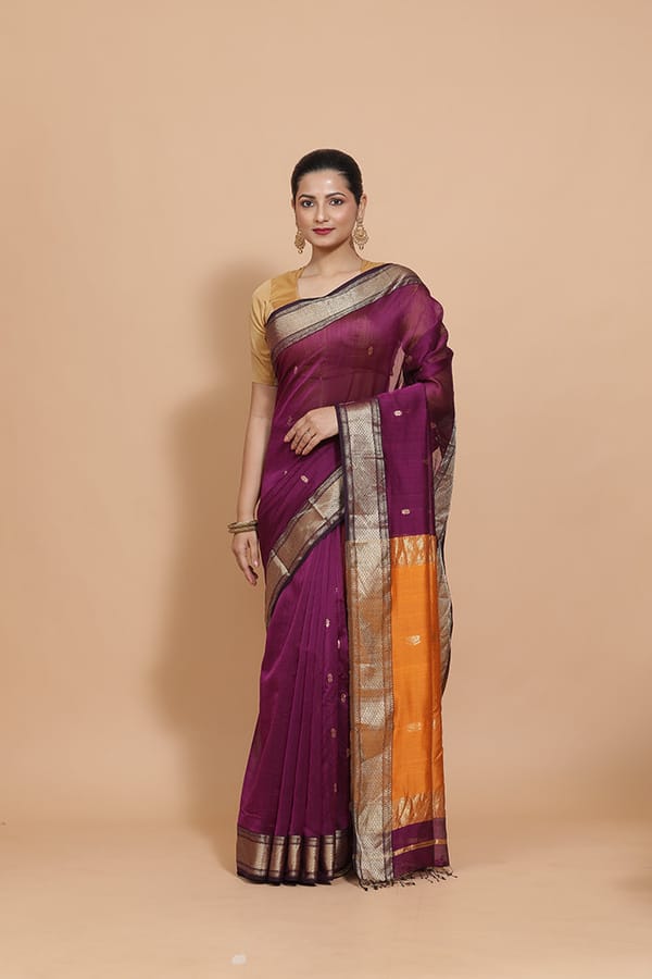 Maheshwari Cotton Silk Deep Purple Woven lotus — BINKS