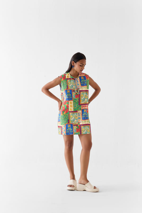 Multicolor Patchwork Print Cotton Mini Shift Dress — Studio Rigu