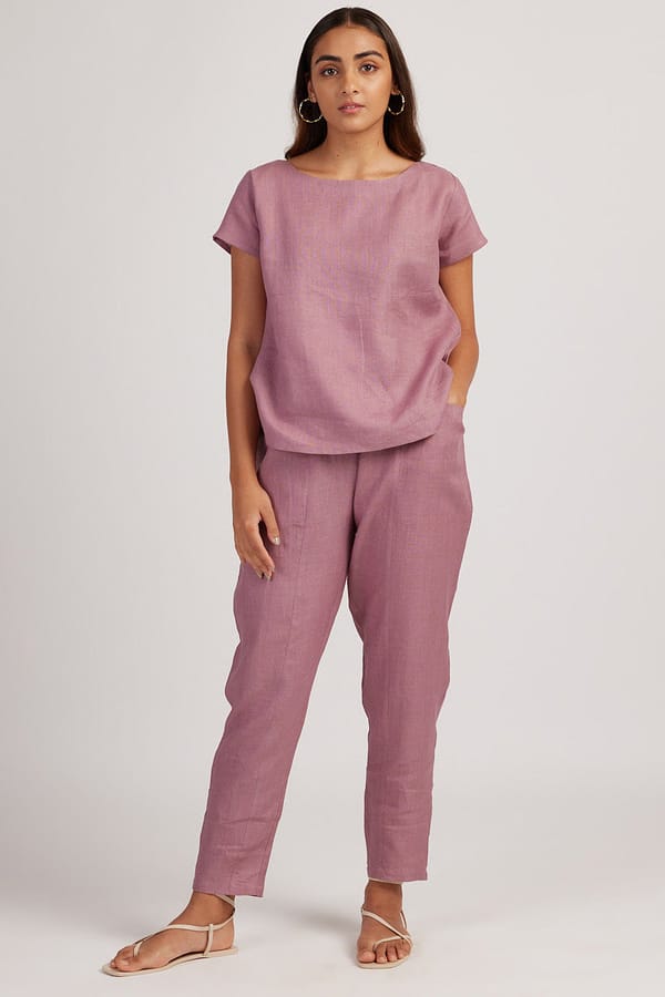 Vintage Pink Linen Boat Neck Co-ord Set with Tapered Pants — Creatures of Habit