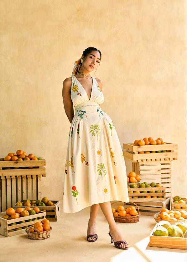 Yellow Embroidered Fit and Flare Midi Dress — Lea Clothing