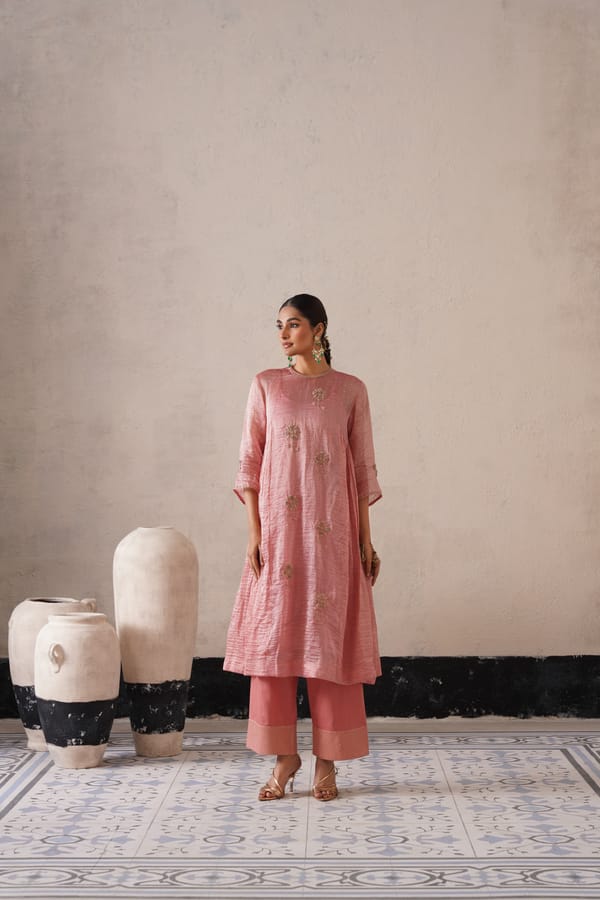 Blush Apricot Zardozi Organza Kurta Set with Dupatta — SHREYASH JAIN