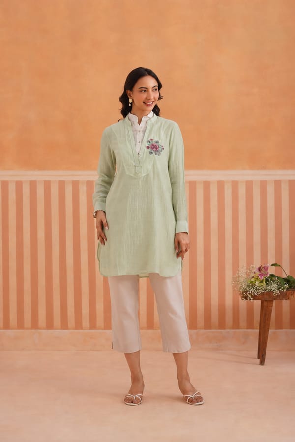 Double Collared Chanderi Tunic with Floral Embroidery — Omi Clothing