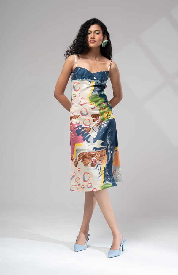 Multicolour Abstract Printed Satin Slip Midi Dress — ADVAIT